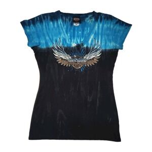 Harley Davidson W's M Blue Black Tie Dye Wing V Neck Tee 2012 Patriot Fairfax VA